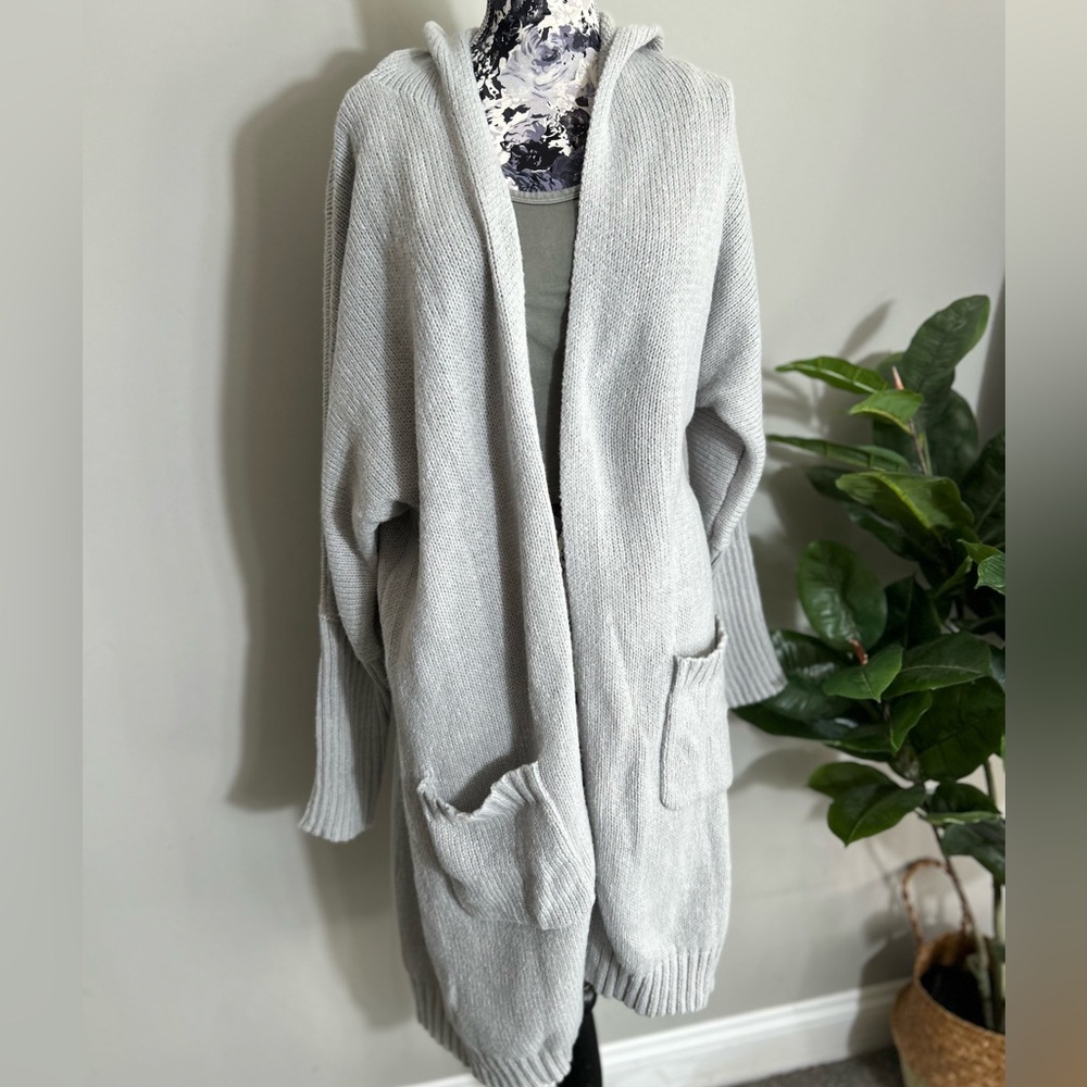 Long grey knit cardigan sweater